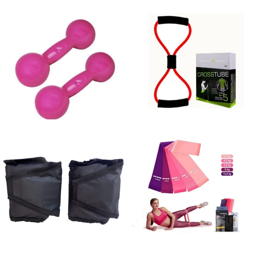 Kit Fisioterapia Par Halter 1 Kg + Par Caneleira 1 Kg + Kit Theraband + Elástico Multifuncional
