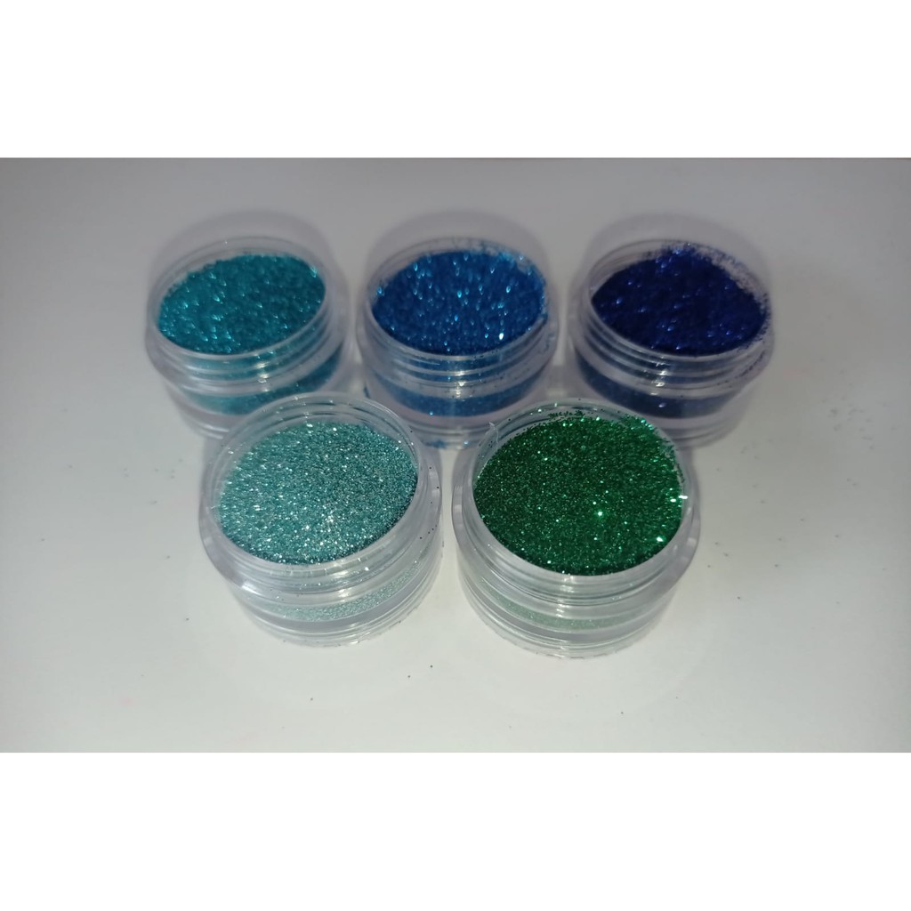 Kit 5 Glitters Tons de Glitter Azuis e Verde Makes, unhas, resinas, balões, etc