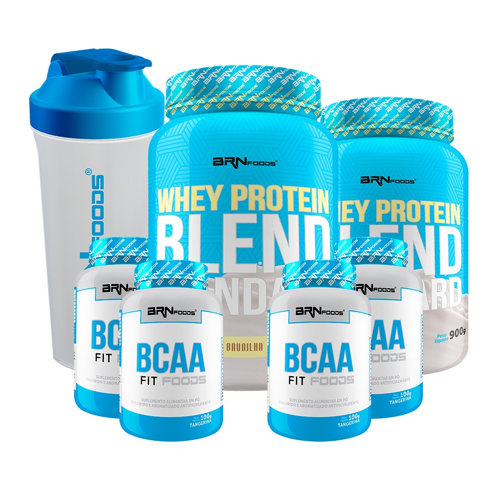 Kit 2x Whey Protein Blend 900g, 4x BCAA 100g, Coqueteleira 600mL - BRNFOODS