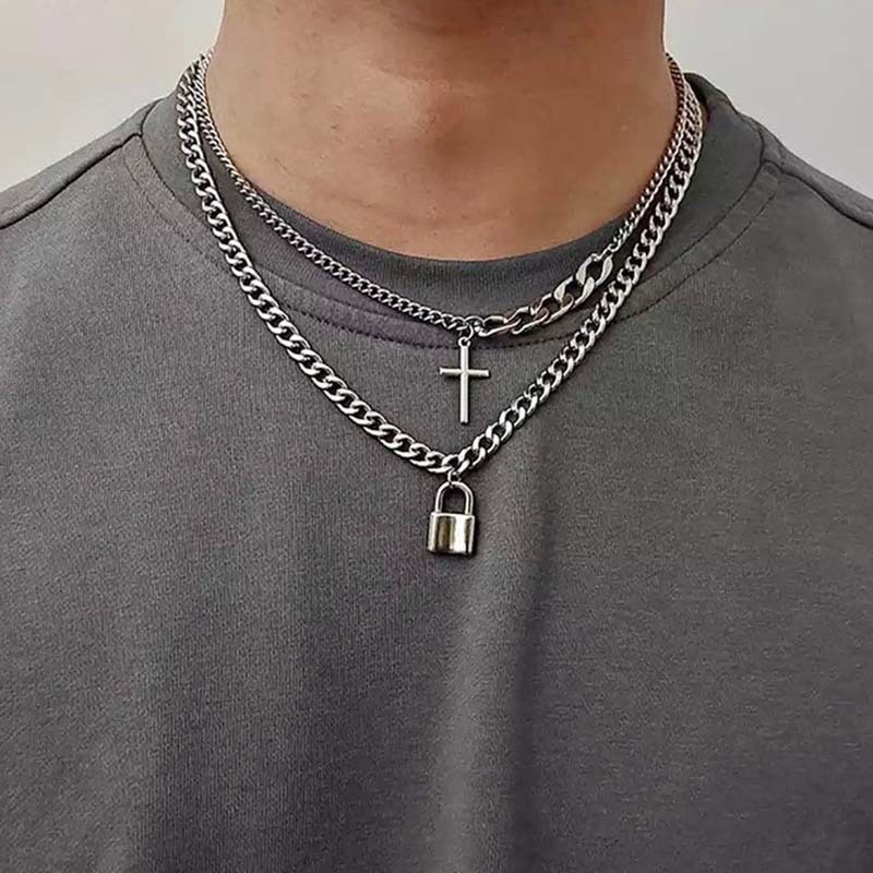 Colar Punk Masculino Cadeado De Aço Titânio Emendas Moda Corrente Dupla Clavícula