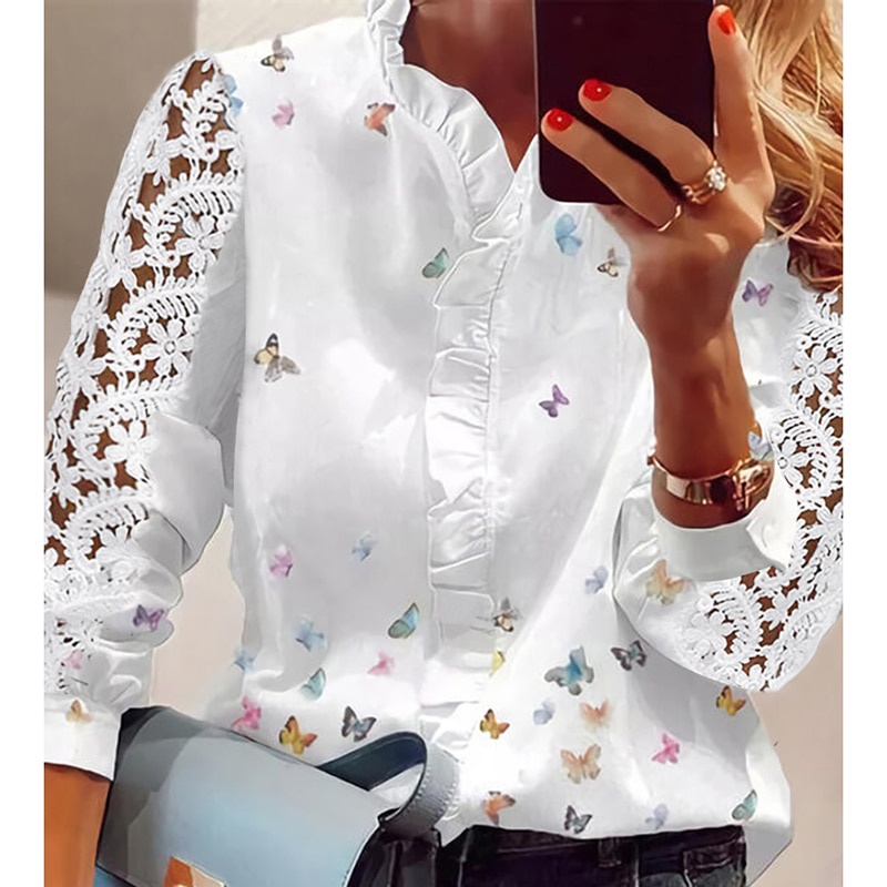 Blusa Feminina Elegante De Manga Longa Borboleta Impressão Com Rufos E Blusas De Renda Bra...