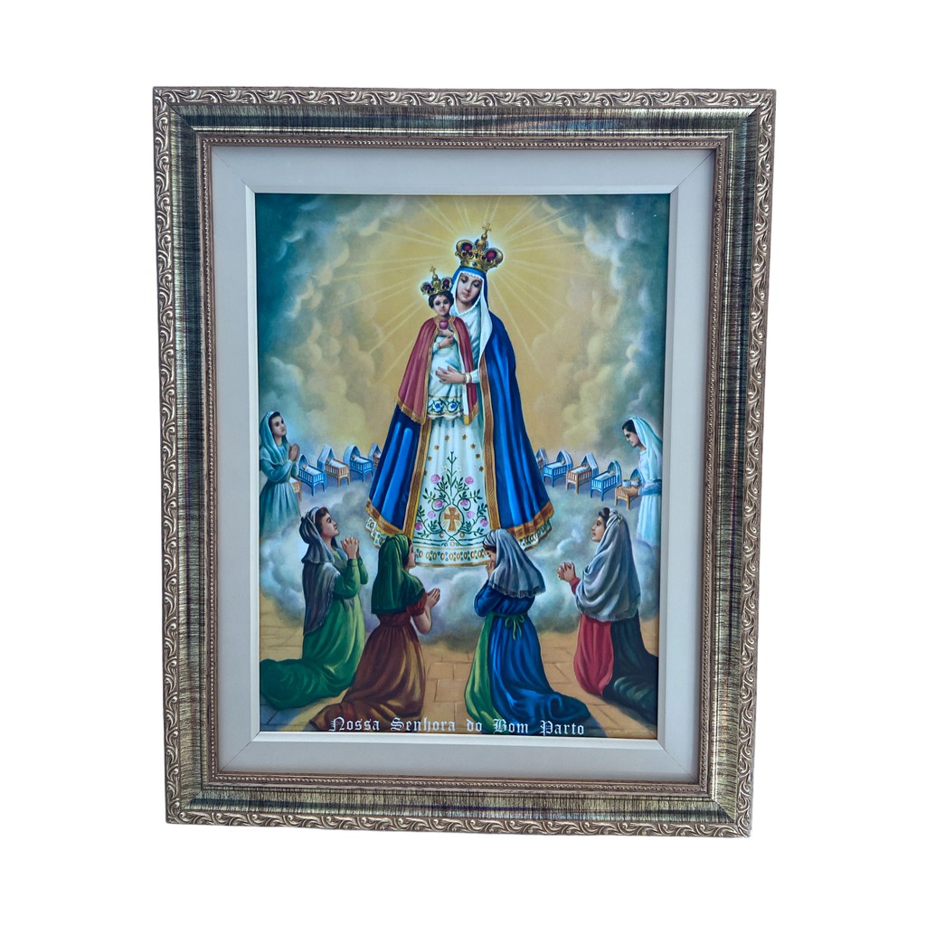 Quadro Nossa Senhora do Bom Parto 42x52cm estampa resinada. Moldura de madeira