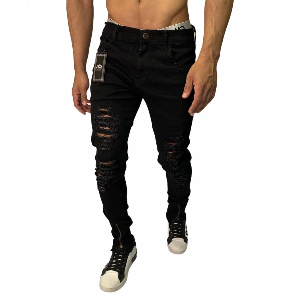 calça masculina jeans preta rasgada com lycra skinny destroyed c ziper na barra drover promoção barata laycra jeans azul