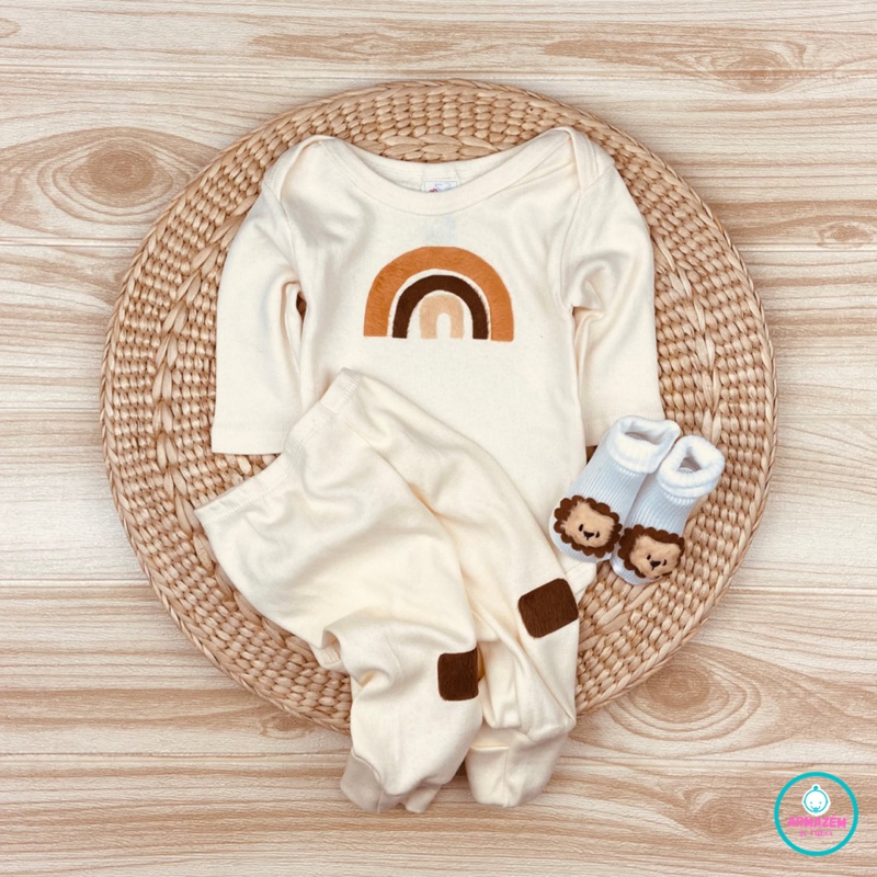 Kit com 3 Body e calça Boho bebê rainbow 100% algodão outono inverno frio suedine Boho arco-íris minimalista neutro