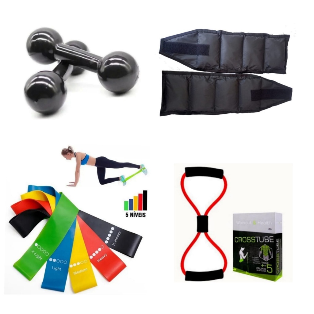 Kit Fisioterapia Treino Funcional Par Halter 1 Kg + Par Caneleira 1 Kg + Kit Theraband + Elástico Multifuncional