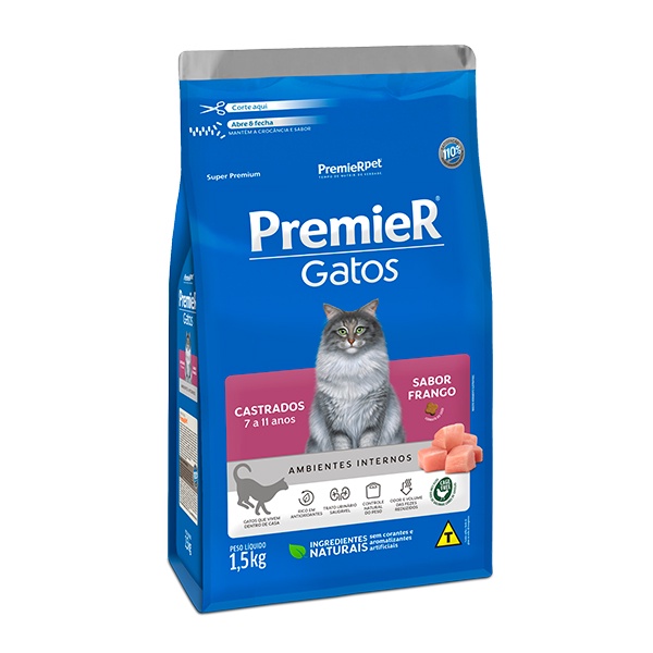 Ração Premier Ambientes Internos para Gatos Castrados de 7 à 11 anos de idade Sabor Frango - 1,5Kg