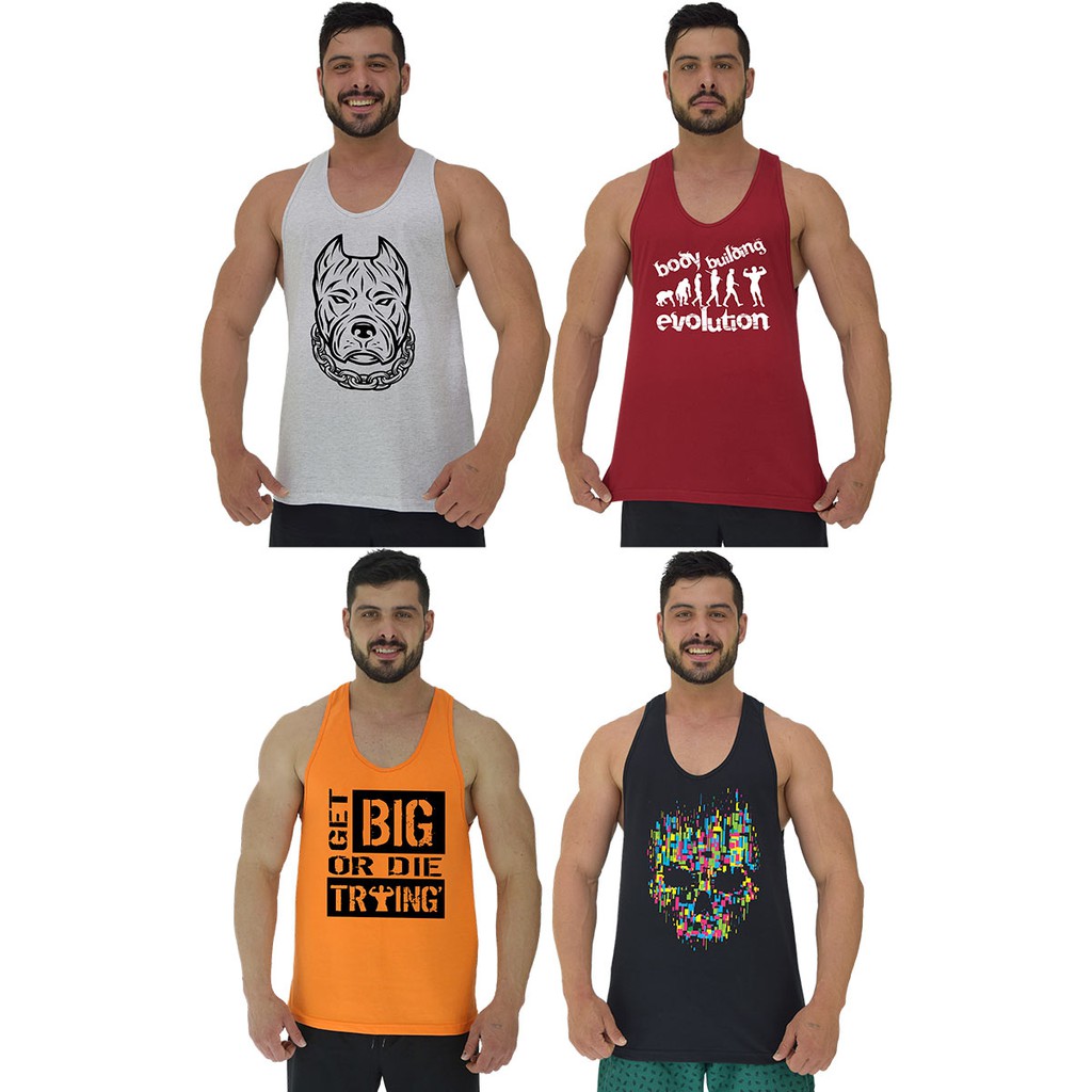 Kit 4 Regatas Cavadas Masculino MXD Conceito Casual Style Pitbull Mau, Evolution, Get Big e Caveira Abstrata