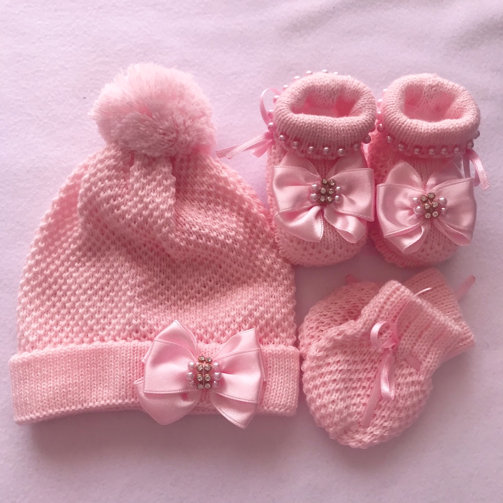 Kit Tricô Bebê RN - Touca, Luvas e Sapatinho/ Enxoval, Maternidade, Inverno, Saída Maternidade em Oferta na Shopee