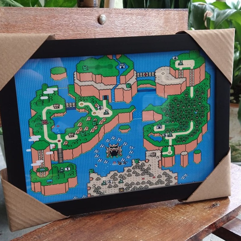 Quadro decorativo com moldura e vidro Mapa Super Mario World Nintendo pôster gamer