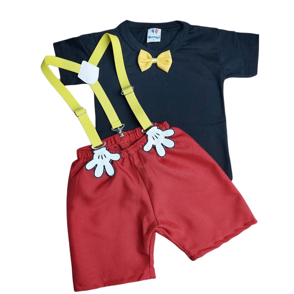 Kit Conjunto Infantil Masculino Aniversário Festa Fantasia Bebê Menino Shorts + Suspensório + Camiseta 1 á 3 Anos