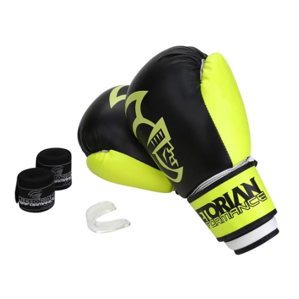Kit Boxe Luva Pretorian Performance 16OZ Bucal e Bandagem Amarelo Fluorescente