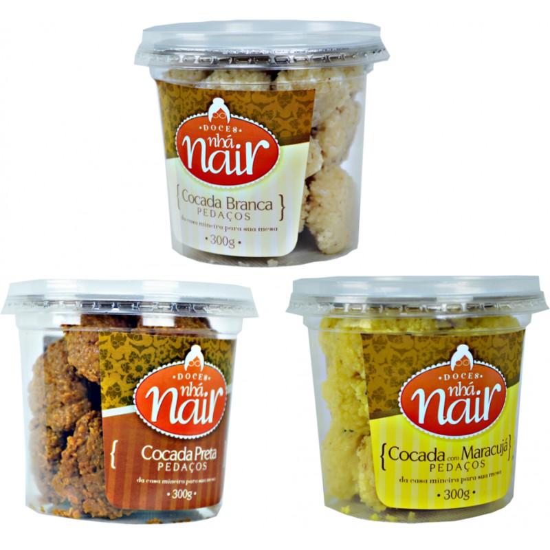 Cocada Kit 3 Sabores (Branca, Preta, Maracujá) Nhá Nair - 3 Potes de 300g - Doce Artesanal Mineiro