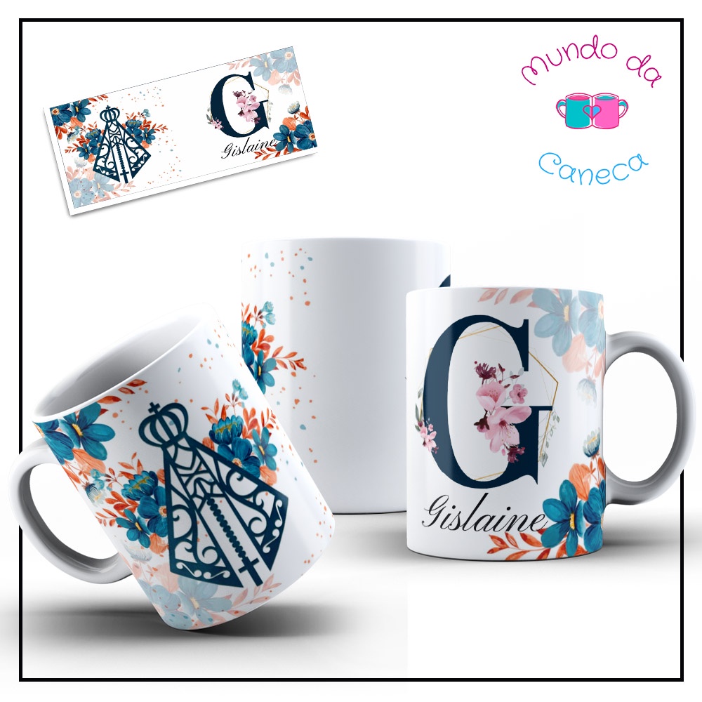 Caneca Personalizada Nossa Senhora Aparecida com Sua Inicial e Nome de Porcelana Fé