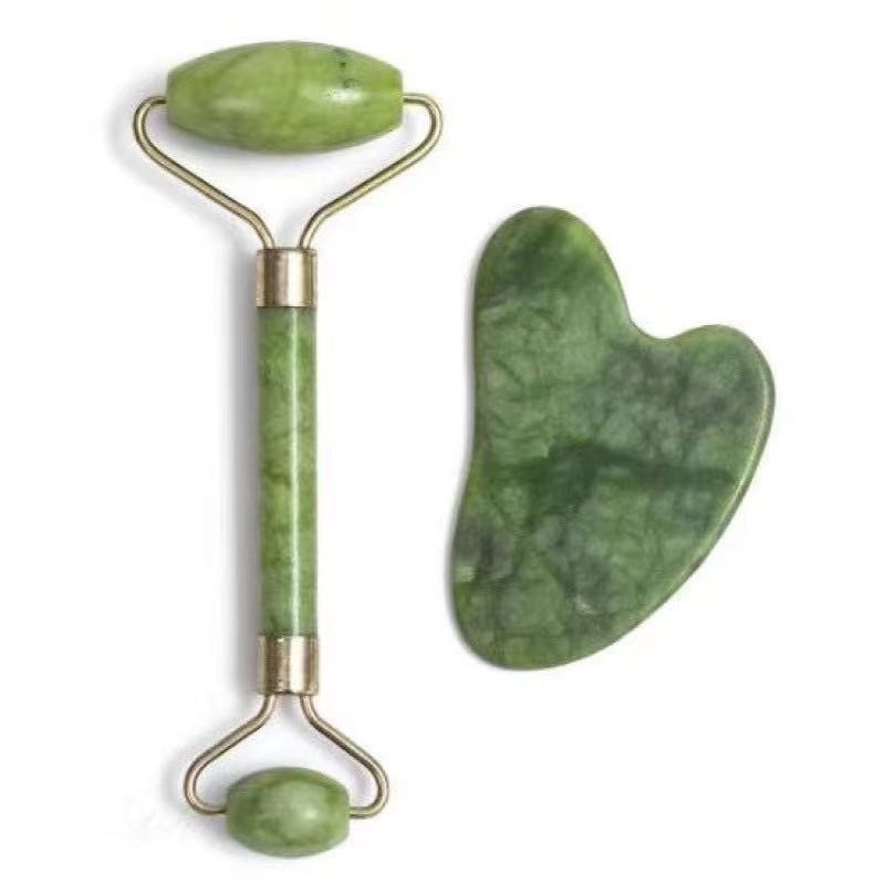 Rolo Pedra de Jade + Placa Gua Sha Massagem Facial Anti Ruga