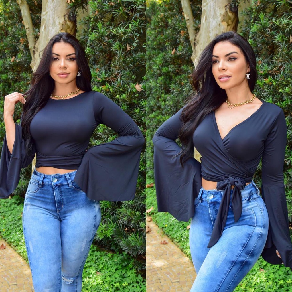 Blusa Cropped Manga Flare Amarrar Frente Costa Multiformas Manga Longa
