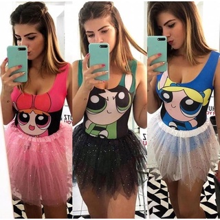 Fantasia Feminina Adulto Meninas super poderosas Carnaval com as amigas Lindinha Docinho Florzinha Body e saia envio rápido a pronta entrega