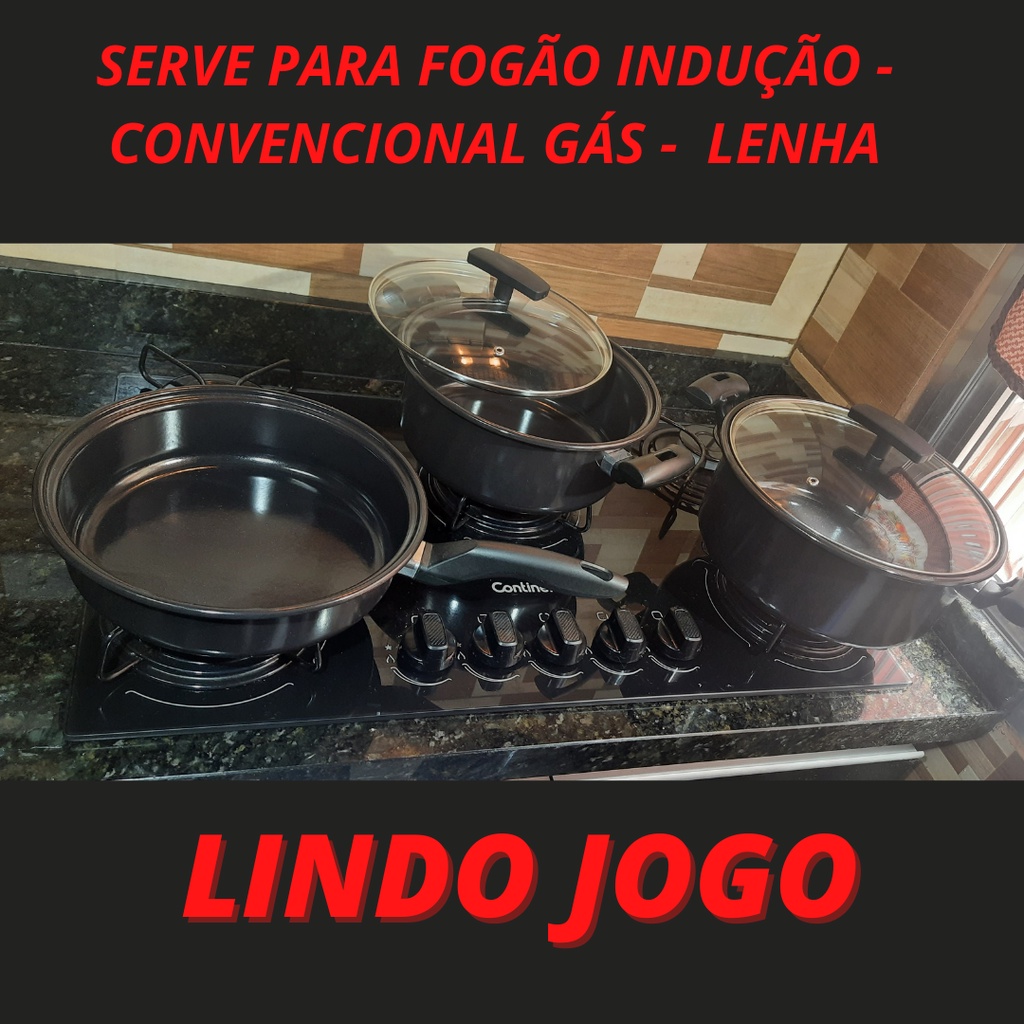 Jogo panelas 5pçs para fogão cooktop indução , gás, elétrico, lenha, tampa de vidro Desconto