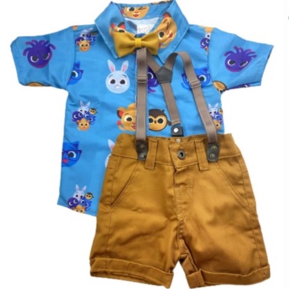 BOLOFOFOS ESTAMPADO  Kit Roupa Conjunto Infantil 4 Peças Camisa Gravata Bermuda e Suspensório Aniversário Mesversário