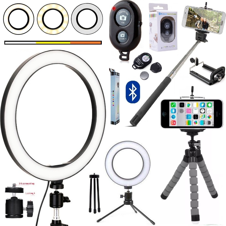 Kit Youtuber Tripé Flexível Para Celular Iluminador Ring Light Pau de Selfie Controle Bluetooth Universal