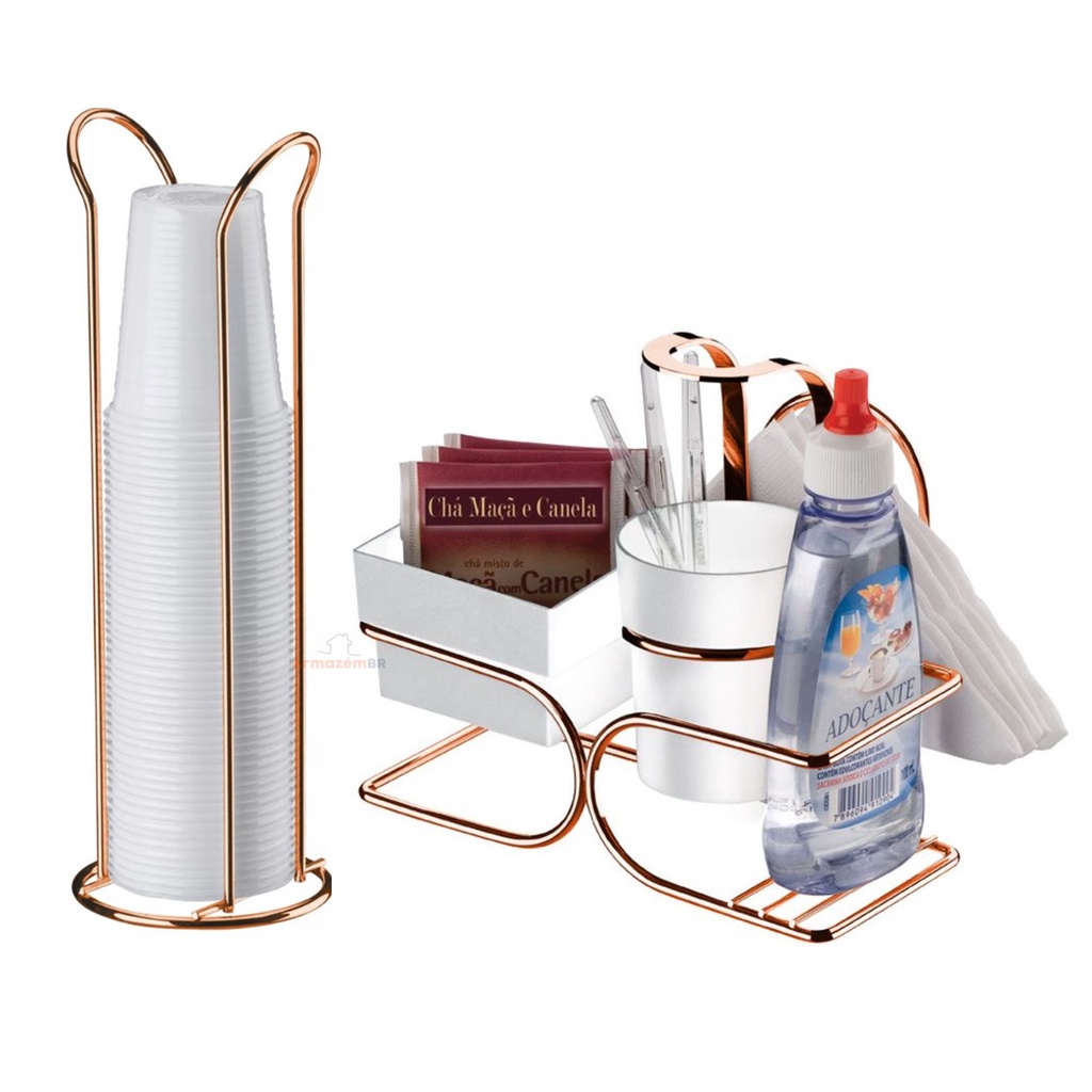 Kit Café 2 Peças Suporte Copos 200ml Porta Sachês Guardanapos Adoçante Rose Gold - Future