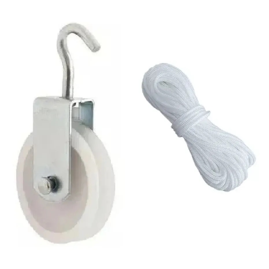 KIT PARA VARAL 2 ROLDANA PLASTICA NYLON 8cm COM GANCHO + 20M CORDA 4MM