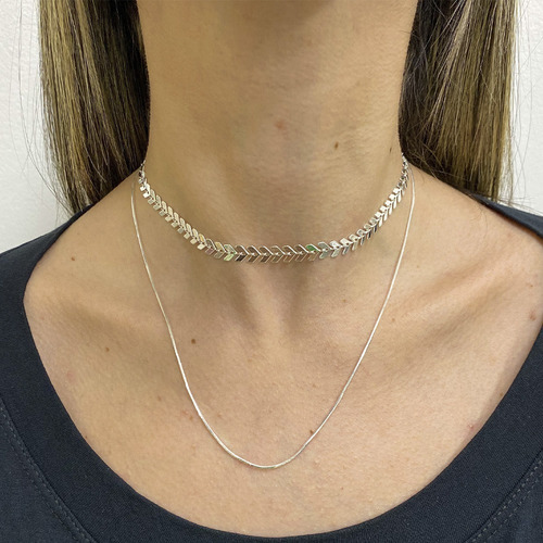 Gargantilha Choker Feminina Prata Escama Folheada Prata 925 + colar laminada lacraia