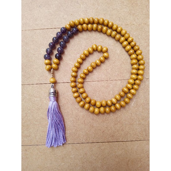 Imagem Japamala 108 Contas Madeira Caramelo Com Esferas De Pedra Natural Ametista Rosário Budista Ref:190