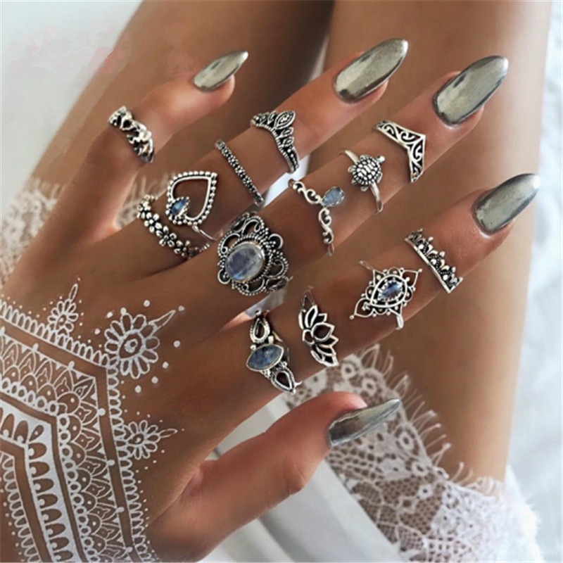 13 Pcs/Set Vintage Elephant Turtle Crystal Crown Rings Set for Women Lotus Heart Midi Knuckle Rings Party Jewelry Gifts