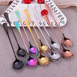 Color Long Handle Stainless Steel Round Sharp Spoon Korean Dessert Tableware