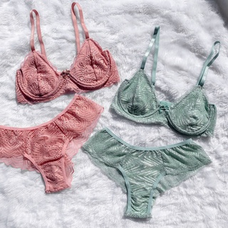 Conjunto lingerie de renda sem bojo meia taça renda calcinha tanga fio sexy sensual luxo
