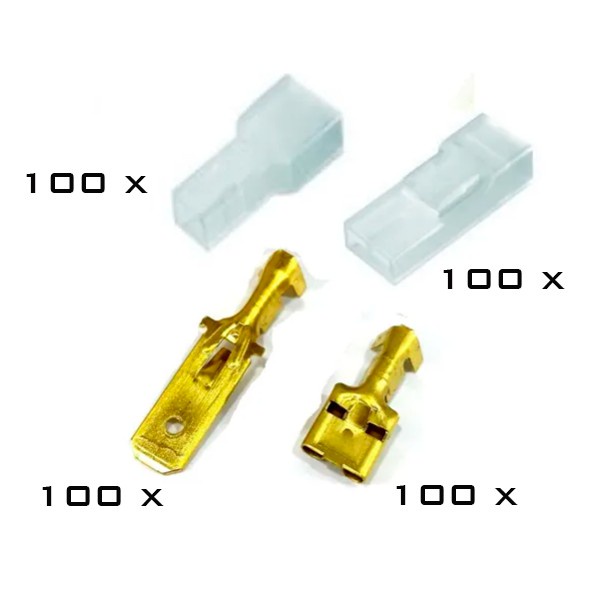 Kit 100 Terminal Encaixe Femea 6,3mm + espadão Macho 6,3 + 100 Capas Isolante