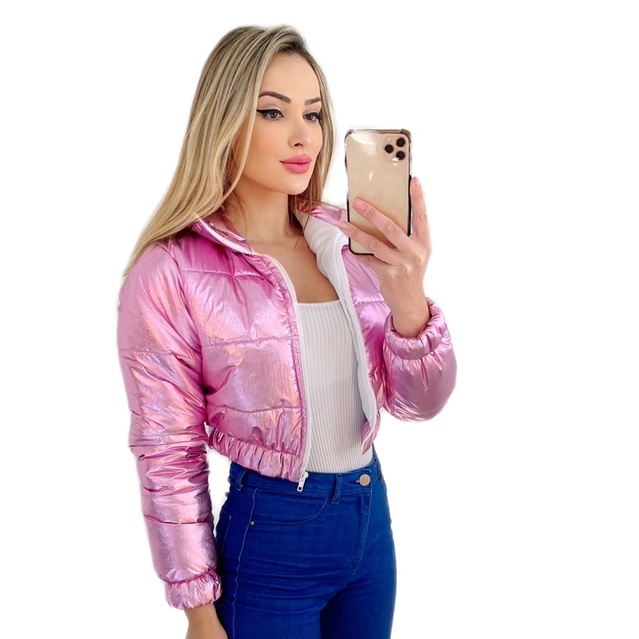 Jaqueta Puffer Alcolchoada Curta Bobojaco Forrada Feminino Metalizada