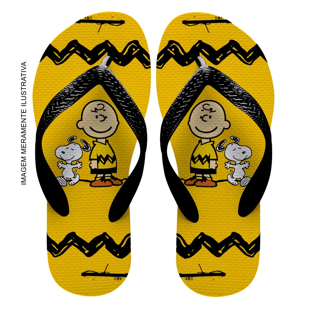 Chinelo PRETO Snoopy e Charlie Brown MOD 2fundoamarelo unissex