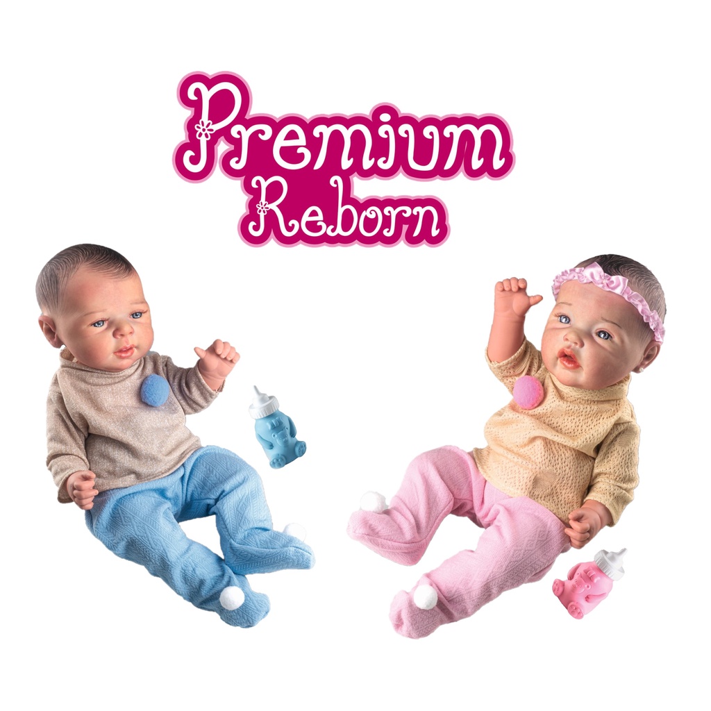 Kit 2 Bebês Reborn Gêmeos Azul e Rosa Com Mamadeira e Pijama