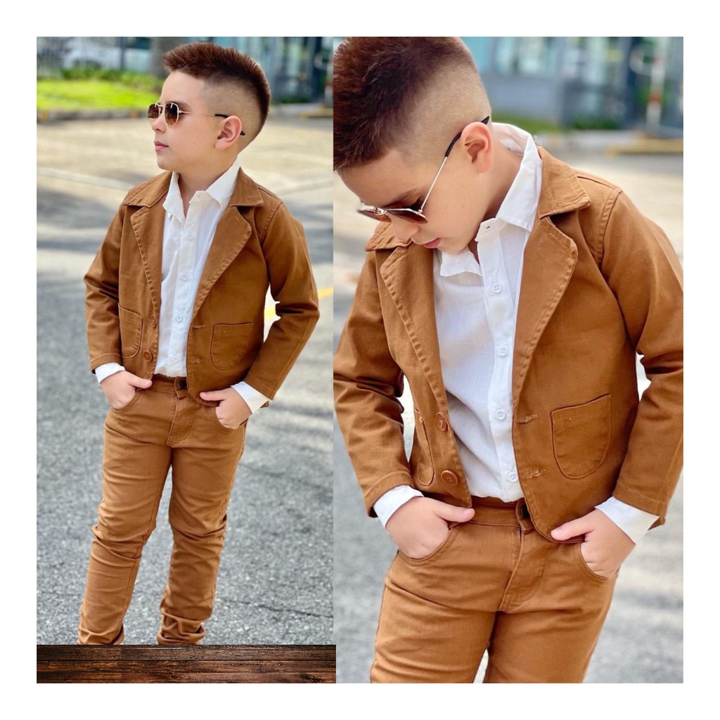 Roupa Menino Infantil Blazer Caramelo Camisa Manga Longa Branco Calça Caramelo