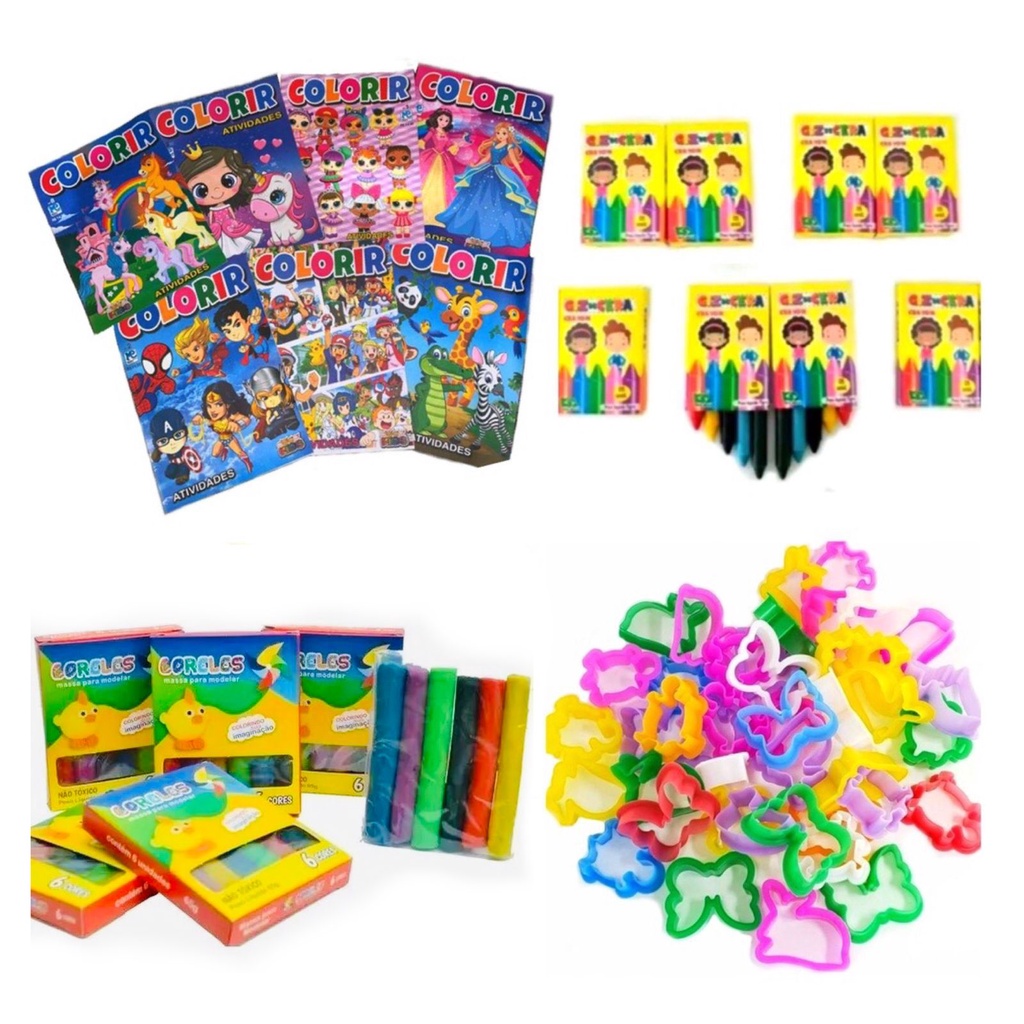 Kit 10 Massinha+10 Mini Giz de Cera+10 Revistinhas de Colorir+30 Cortadores Festa e Lembrancinha