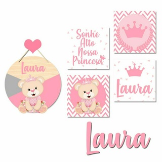 Kit Decoração Infantil Ursinha Princesa Conjunto Enfeite Porta Maternidade + Nome Personalizado + 4 Quadros + Pendurador Incluso