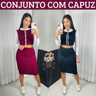 Conjunto Saia Coleção Inverno Saia Midi Blusa Manga Longa Com Toca Conjunto Feminino Conjunto Biker Tecido Canelado