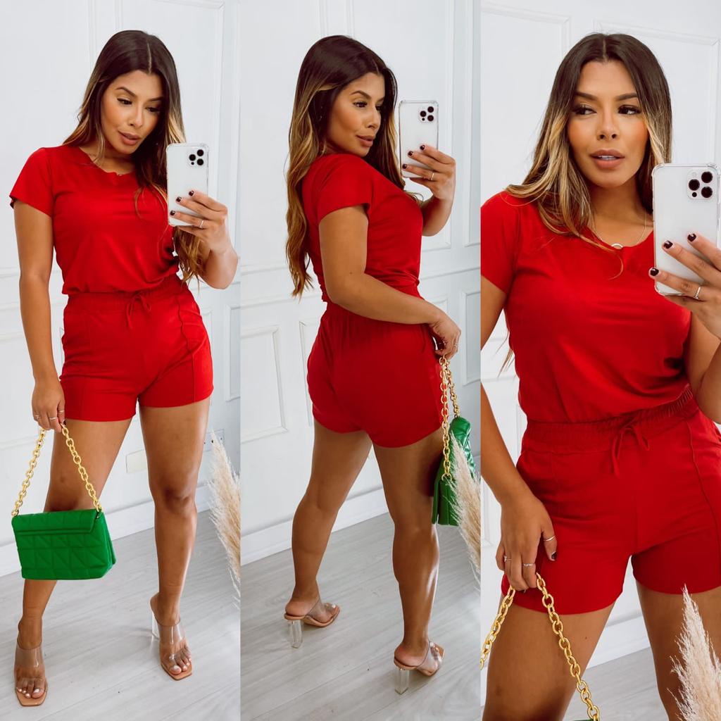 Conjunto Feminino Malha Suede Shorts e Camiseta