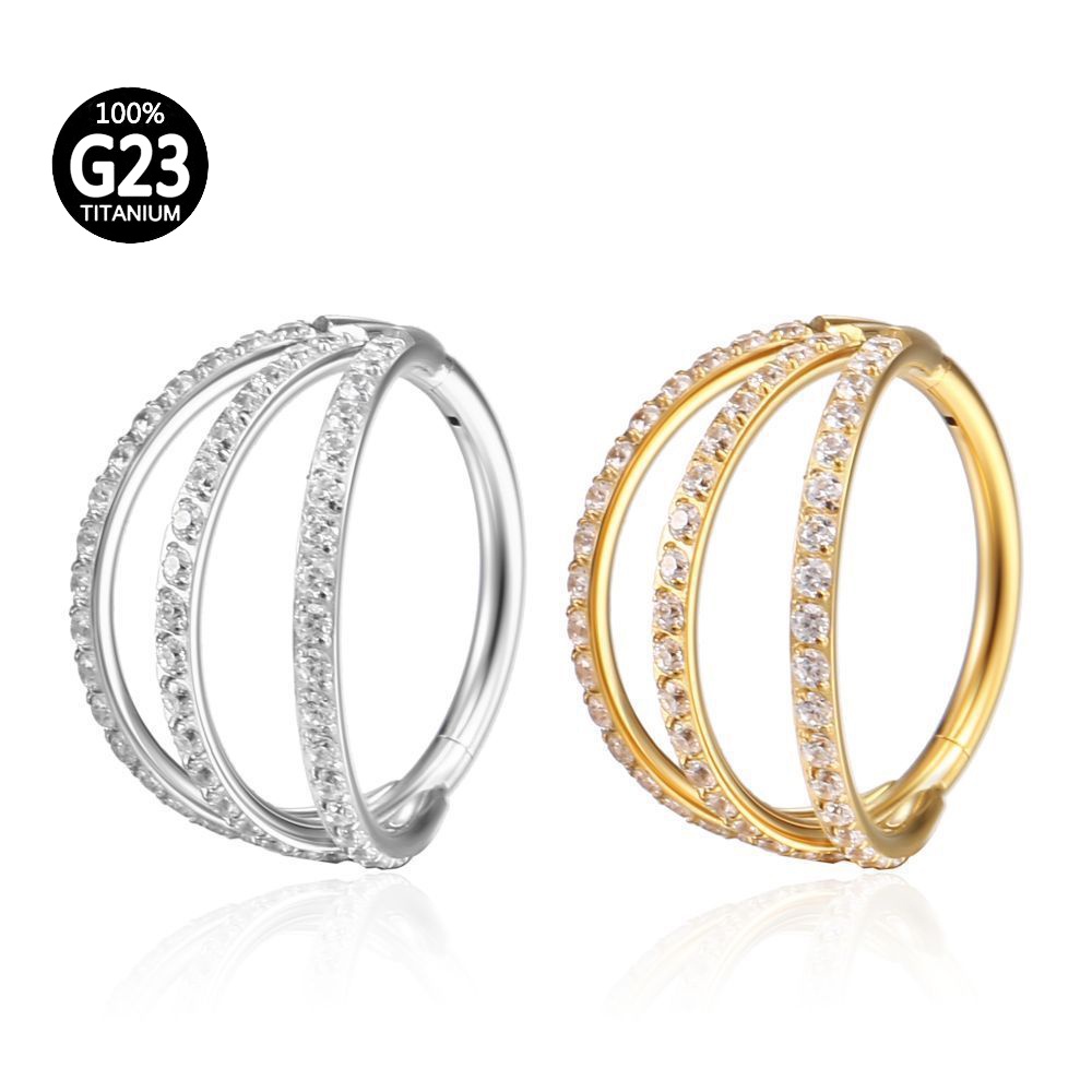 Piercing Argola Titânio PVD Segmento Articulado Tripla Fileira Zircônia Cravejada / Septril, Rook, Conch, Nariz em Oferta na Shopee