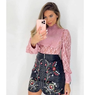 Blusa Rendado Manga Longa Feminina Com Gola Redonda Elastico