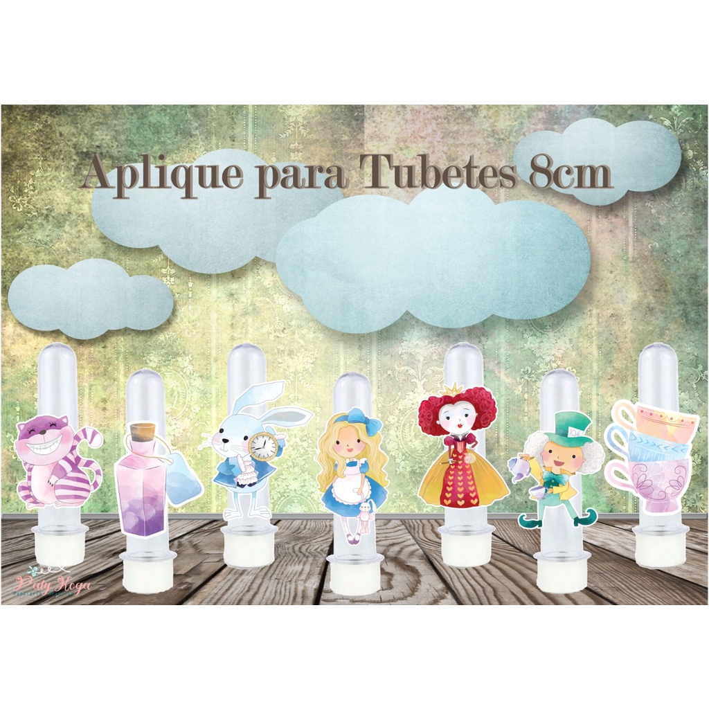 Alice no País das Maravilhas Aplique para Tubete com Fita Adesiva Dupla Face Tag Doces Festa Decoração