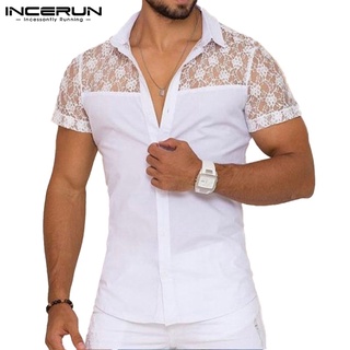 XMAN Camisa Masculina Elegante De Renda Transparente Com Mangas Curtas E Botões Para Masculino