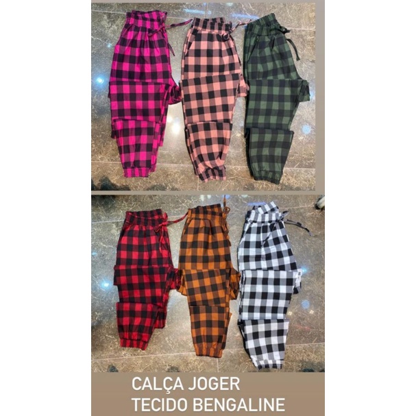 Calça Jogger Xadrex Bolso Faca elástico na Cintura e no Final da Perna Cordão Detalhe na Calça Tecido Bengaline Varias Cores Perfeita