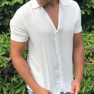 Camisa Lisa Viscolinho Masculina Manga Curta Camisa Com Botão Branco e Preto