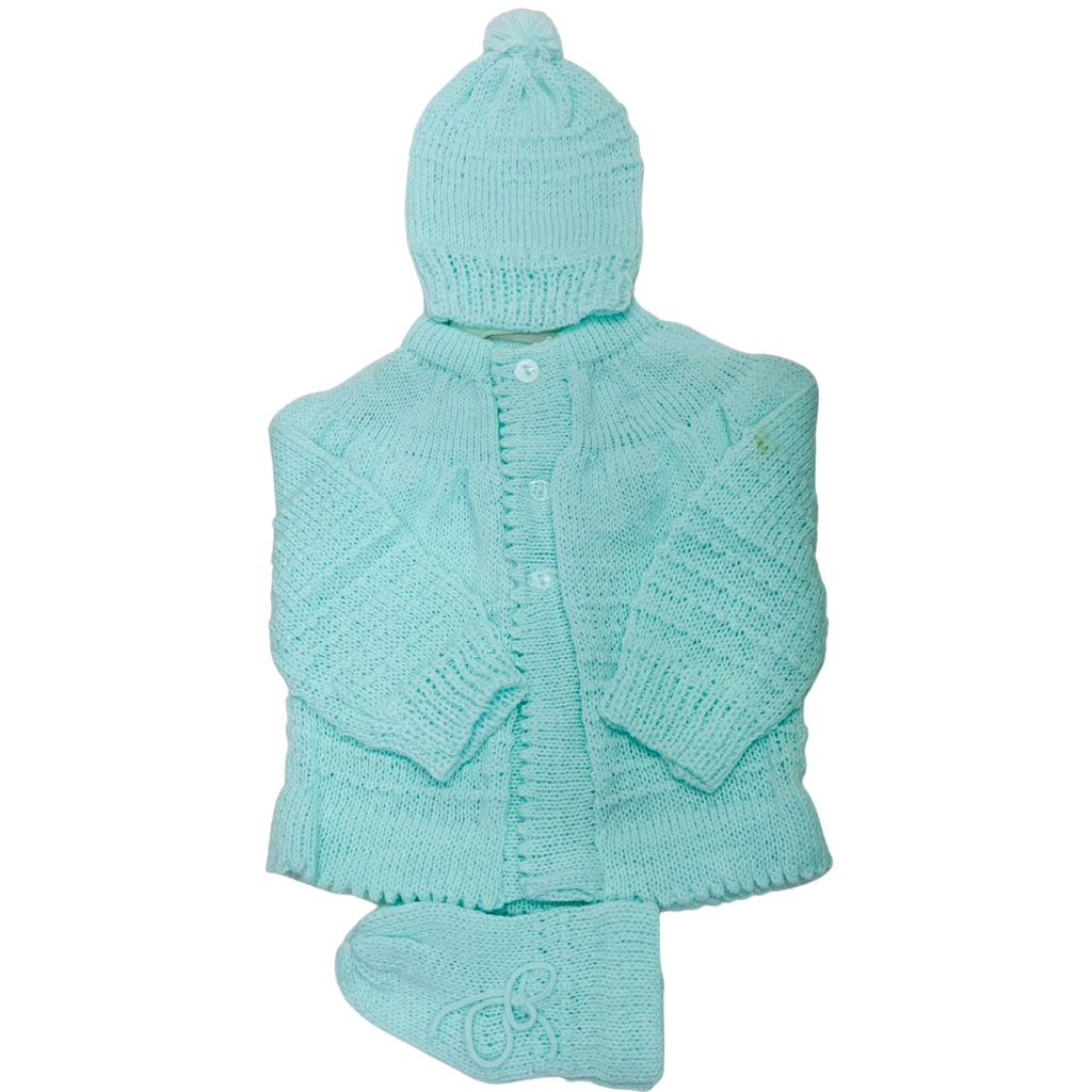 Kit casaquinho bebe tricô lâ vasado touca e sapatinho verde