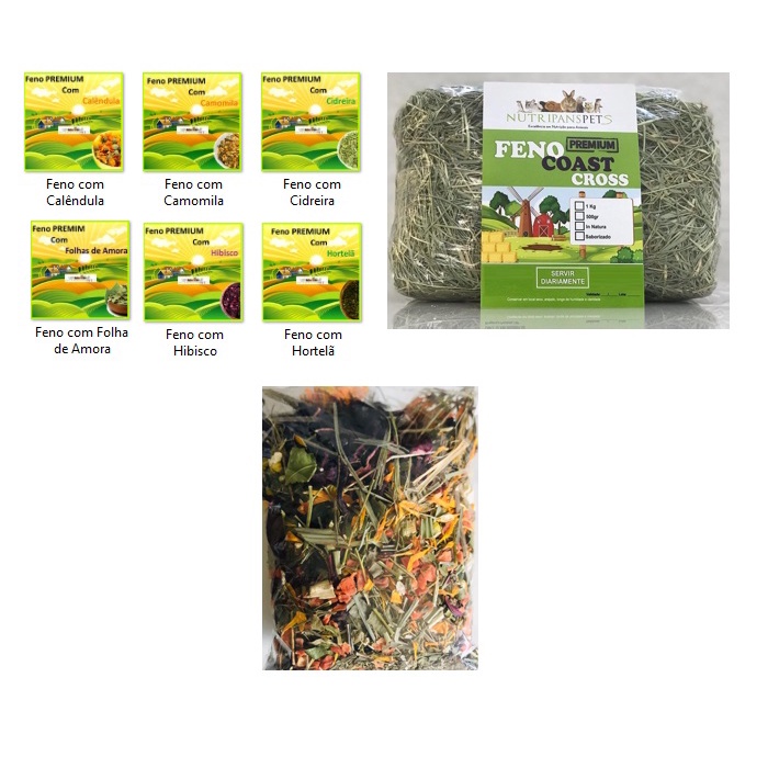 Combo Feno sabores 100gr cada Amora Hortelã Hibisco Cidreira Calêndula Camomila + 1kg feno in natura + 40gr Mix