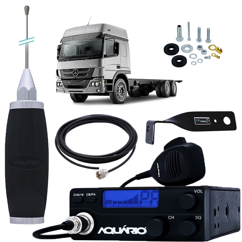 Rádio Px 40 Canais RP-40 Antena Maria Mole Inox 2,70m Cabo 5,5 Suporte Mercedes Benz Atego Parafusos Anti Furto