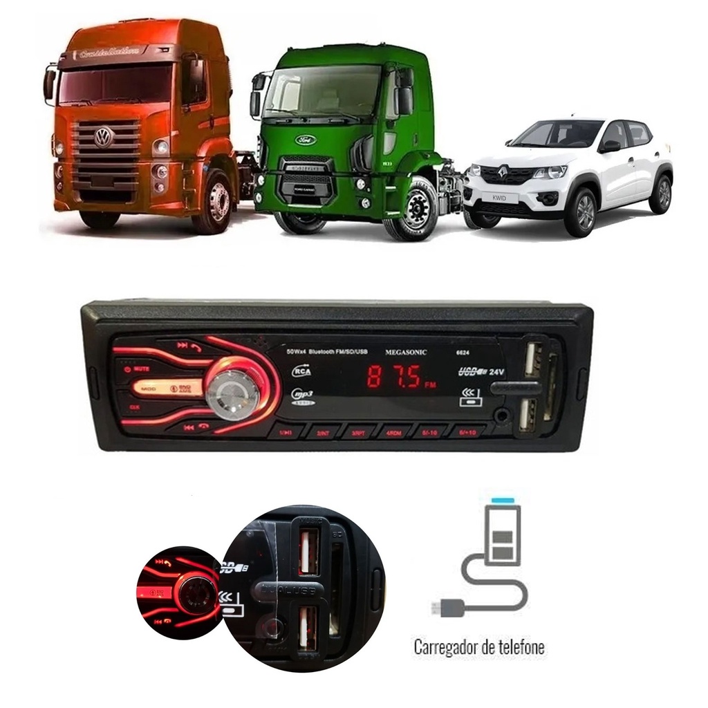 Radio Mp3 Automotivo Com Bluetooth Usb Fm Sd 4x50 Wrms 12/24v