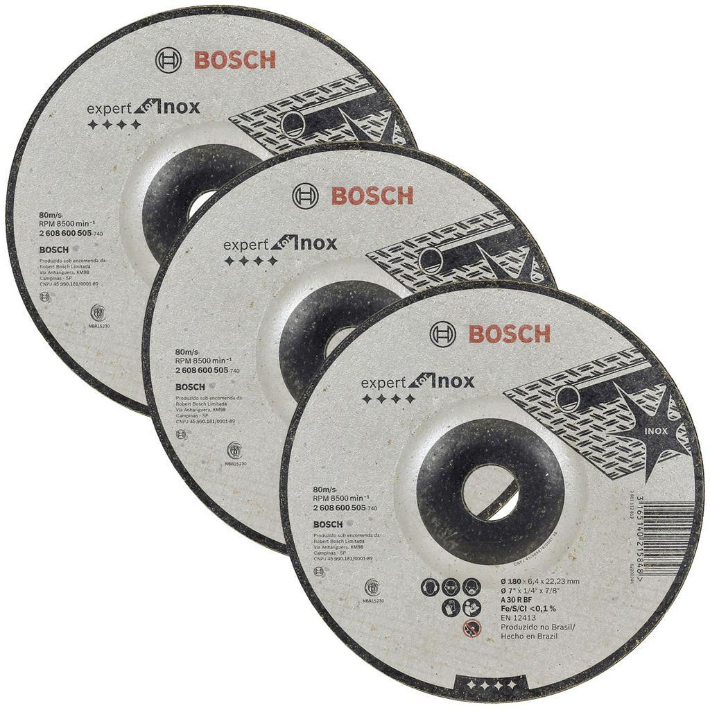 Discos de Desbaste 180mm p/ Inox Bosch Kit com 3 Centro Deprimido Expert for Inox 7"
